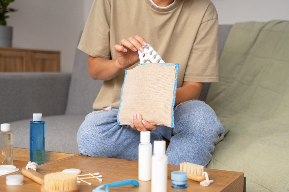 A woman seated on a couch with a bag of cleaning supplies, looking at a guide for packing pediatric and OTC meds.