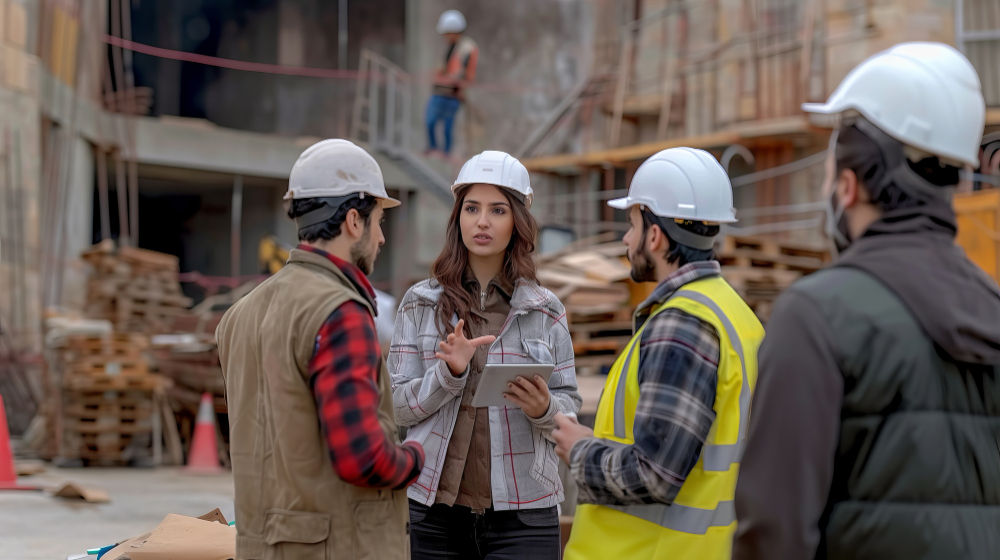 In California, three individuals wearing hard hats are discussing at a construction site, accompanied by armed security guards.