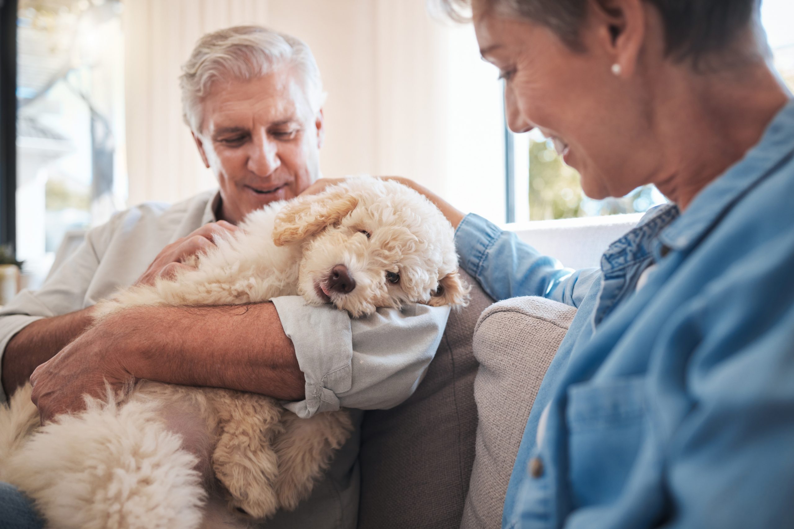 Senior couple cuddling their fluffy puppy at Birdneck Animal Hospital