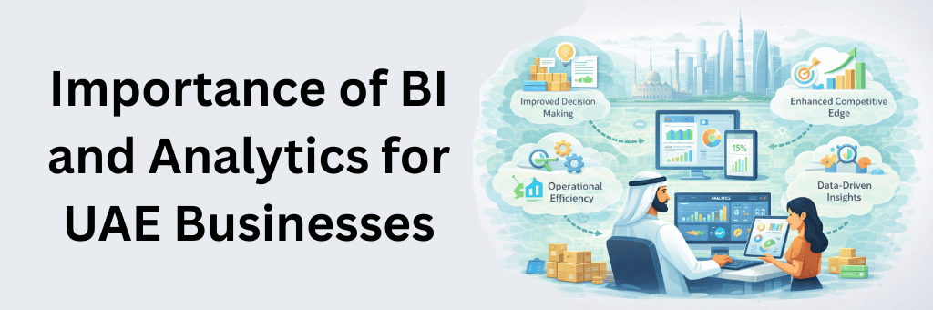 Digital illustration showing importance of BI and analytics in UAE businesses including decision making, operational efficiency, and data-driven insights.