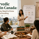 Ayurvedic Courses in Canada students learning Ayurveda in a modern classroom with an instructor, herbal materials, and educational charts.
