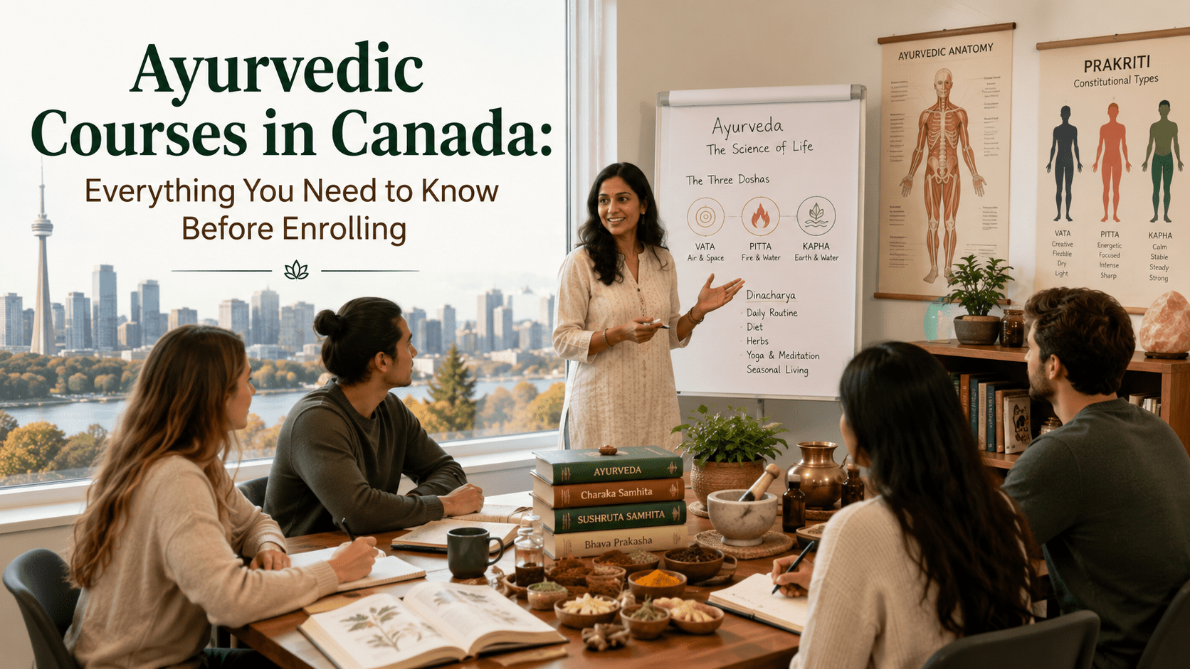 Ayurvedic Courses in Canada students learning Ayurveda in a modern classroom with an instructor, herbal materials, and educational charts.