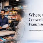 Ontario convenience store franchise opportunity featuring a modern retail store and entrepreneur reviewing business plans.