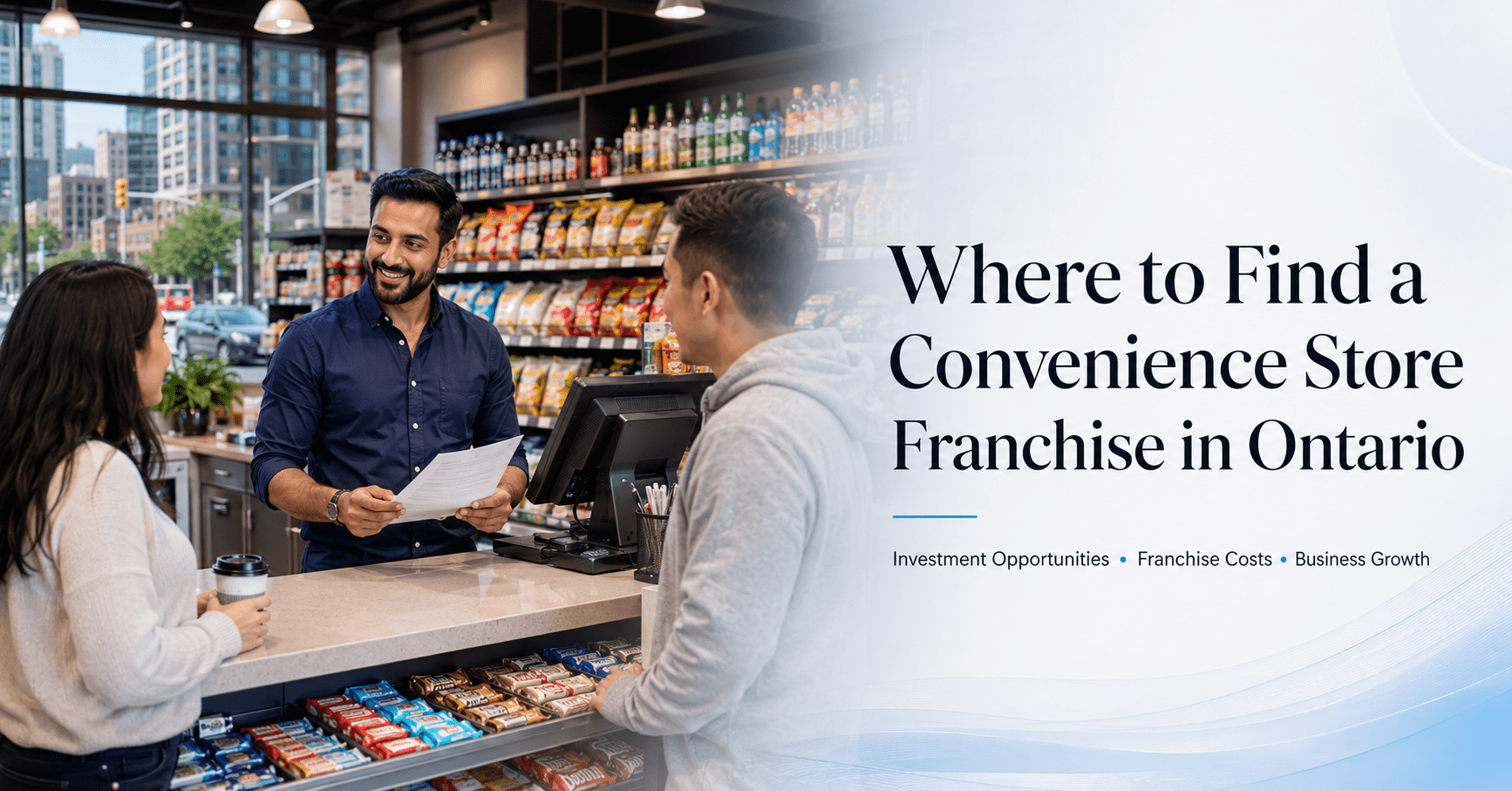 Ontario convenience store franchise opportunity featuring a modern retail store and entrepreneur reviewing business plans.